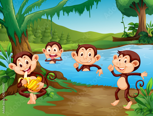 Monkey playing at the lake