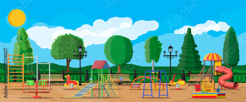 Kids playground kindergarten panorama. Urban child amusement. Slide ladder, rocking toy on spring, slide tube, swing carousel balancer, sandbox bucket rake castle scoop. Vector illustration flat style