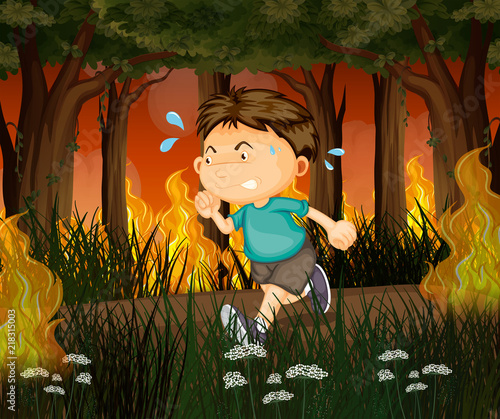 A boy run away from wildfire forest
