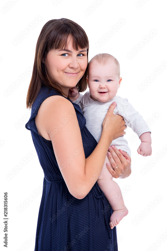 portrait of happy beautiful young mother holding little baby isolated on white