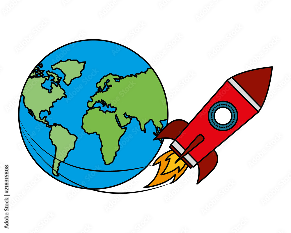 startup rocket with earth planet isolated icon startup rocket with earth planet isolated icon