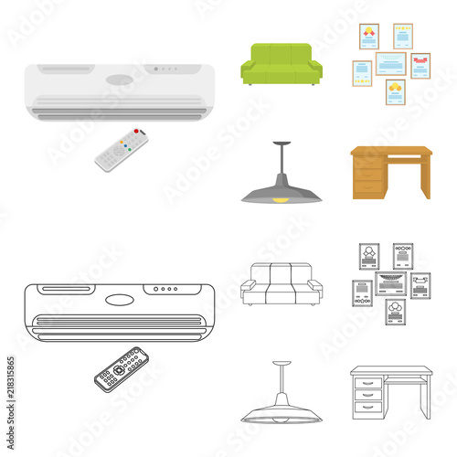 Comfortable sofa, letters and diplomas within the framework, an office ceiling lamp, a desk with drawers. Office Furniture set collection icons in cartoon,outline style vector symbol stock