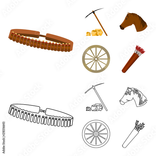 Pickax hoe, horse head, wheel cart, quiver with arrows.Wild west set collection icons in cartoon,outline style vector symbol stock illustration web.