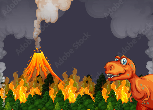 A dinosaur run away from volcano eruption