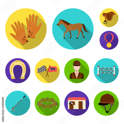 Hippodrome and horse flat icons in set collection for design. Horse Racing and Equipment vector symbol stock web illustration.