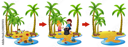 A set of before and after cleaning beach