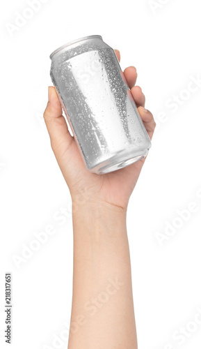 Bild auf Leinwand hand holding beverage tin can with water drops isolated on white background