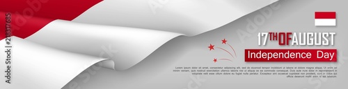 Indonesian Independence day horizontal web banner. Patriotic background with realistic waving indonesian flag. National traditional holiday vector illustration. Indonesia republic day celebrating photo