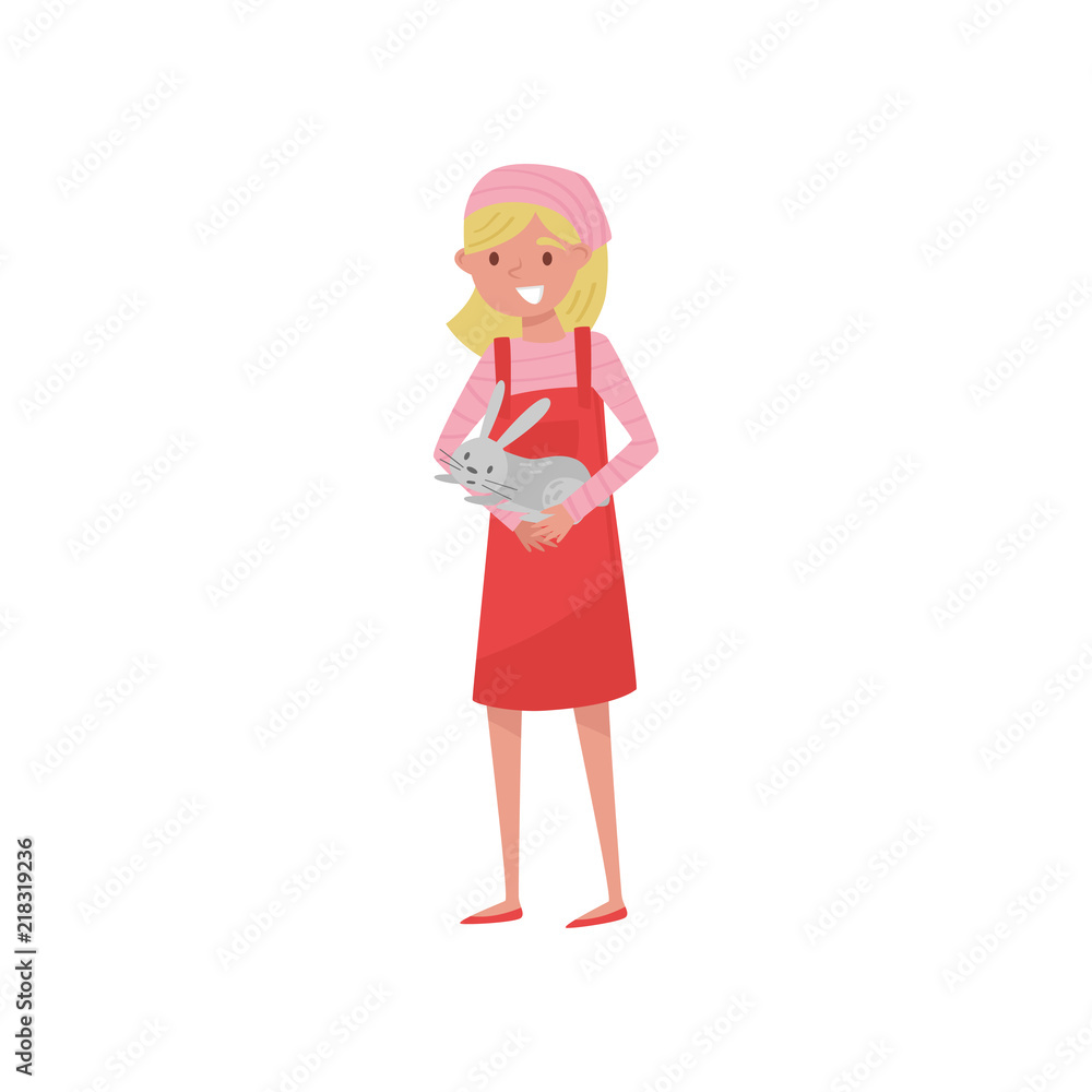 Girl holding gray rabbit in her hands, female farmer taking care of animal on farm vector Illustration on a white background Girl holding gray rabbit in her hands, female farmer taking care of animal on farm vector Illustration on a white background