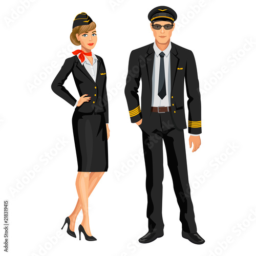 Airline crew, stewardess and pilot. Officer and flight attendant. Professions stewardess and pilot, cartoon characters. Vector illustration.