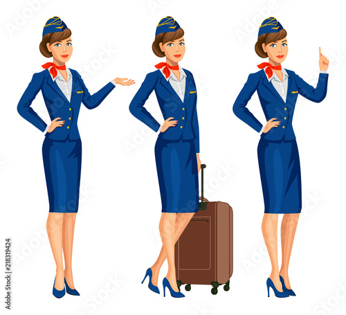 Stewardess in blue uniform. Flying attendants, air hostess. Profession stewardess, cartoon character. Vector illustration. photo