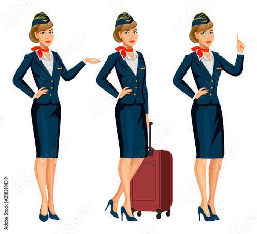 Stewardess in blue uniform. Flying attendants, air hostess. Profession stewardess, cartoon character. Vector illustration.