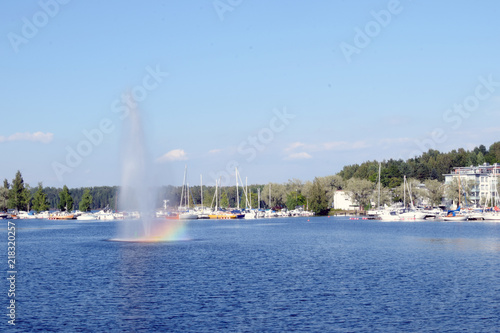 Saimaa lake and fountain in port of Lappeenranta, Finland