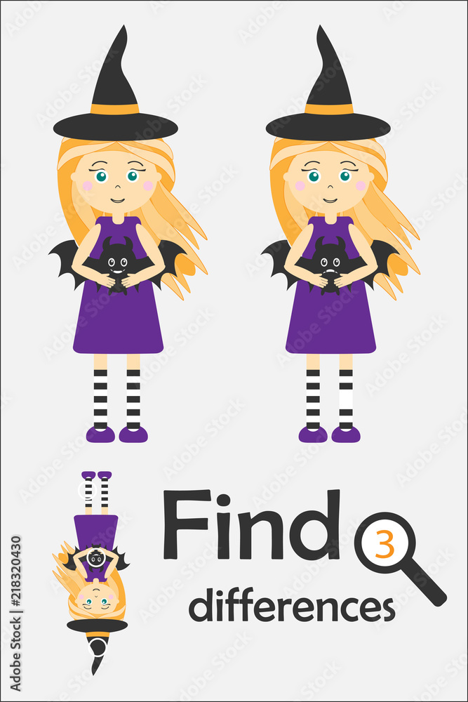Find 3 differences, halloween game for children, witch in cartoon style,  education game for kids, preschool worksheet activity, task for the  development of logical thinking, vector illustration Stock Vector | Adobe  Stock