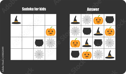 Sudoku game with halloween pictures (cobweb, pumpkin) for children, easy level, education game for kids, preschool worksheet activity, task for the development of logical thinking, vector illustration