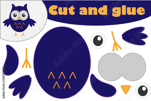 Owl cartoon style, halloween education game for the development of preschool children, use scissors and glue to create the applique, cut parts of the image and glue on the paper, vector illustration