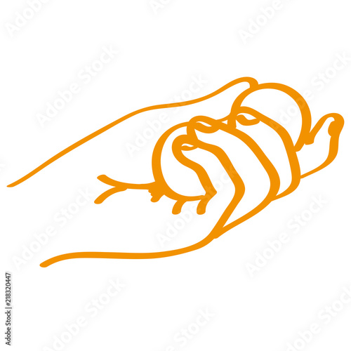 Handgezeichnete Hand hält  Kugeln in orange