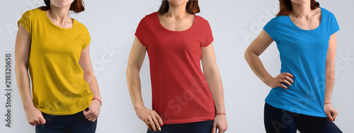 Female mockup set with slim young woman in the color t-shirt  isolated on the studio background. photo