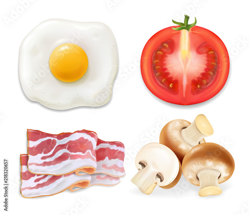 English breakfast with fried eggs, bacon, tomatoes and mushrooms realistic