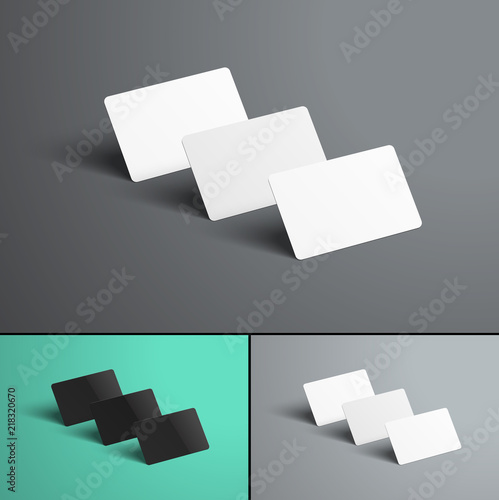 Vector Mockup  of three gift or bank cards with shadows standing with a row one after another.