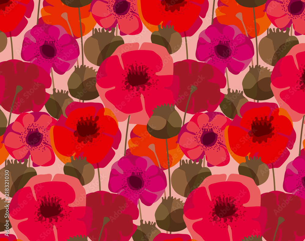 Fototapeta Poppy flowers and seed boxes seamless pattern