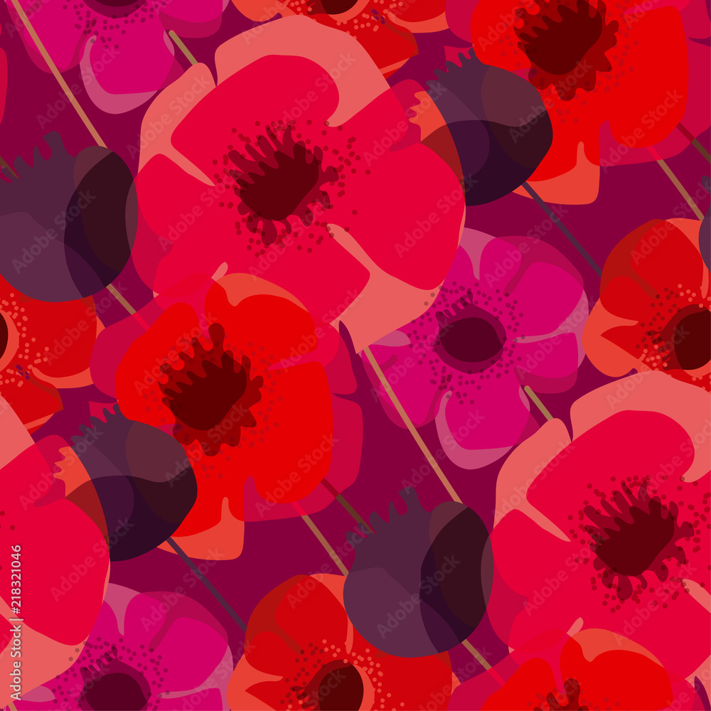 Fototapeta Poppy flowers and seed boxes seamless pattern