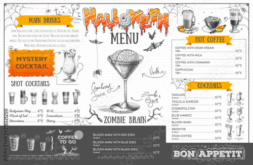 Vintage halloween menu design. Restaurant menu