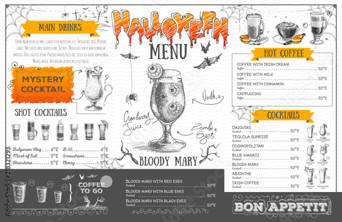 Vintage halloween menu design. Restaurant menu