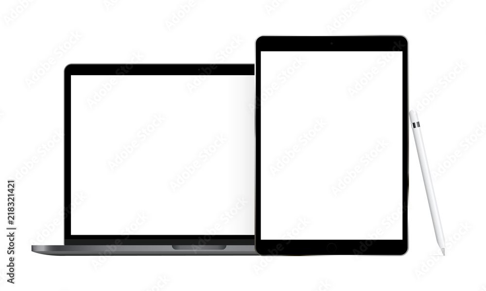 Laptop and tablet with stylus isolated on white background. Modern electronic devices with blank screens. Vector illustration Laptop and tablet with stylus isolated on white background. Modern electronic devices with blank screens. Vector illustration