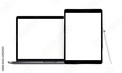 Laptop and tablet with stylus isolated on white background. Modern electronic devices with blank screens. Vector illustration