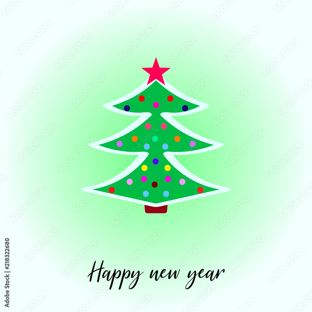 Christmas tree with decoration, snow and star. Happy New Year calligraphic text.