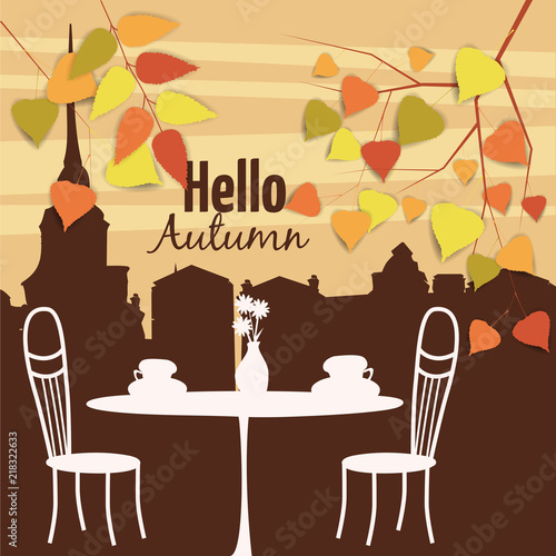 Street outdoor cafe in the old town, coffee table with cups, chairs, autumn leaves, mood of fall, romance, vector, illustration, card, isolated