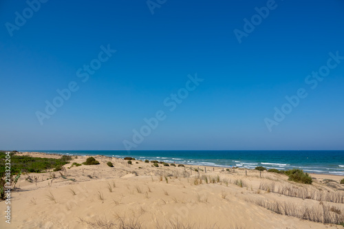 Fototapeta Naklejka Na Ścianę i Meble -  Long sandy beach, ocean and blue sky