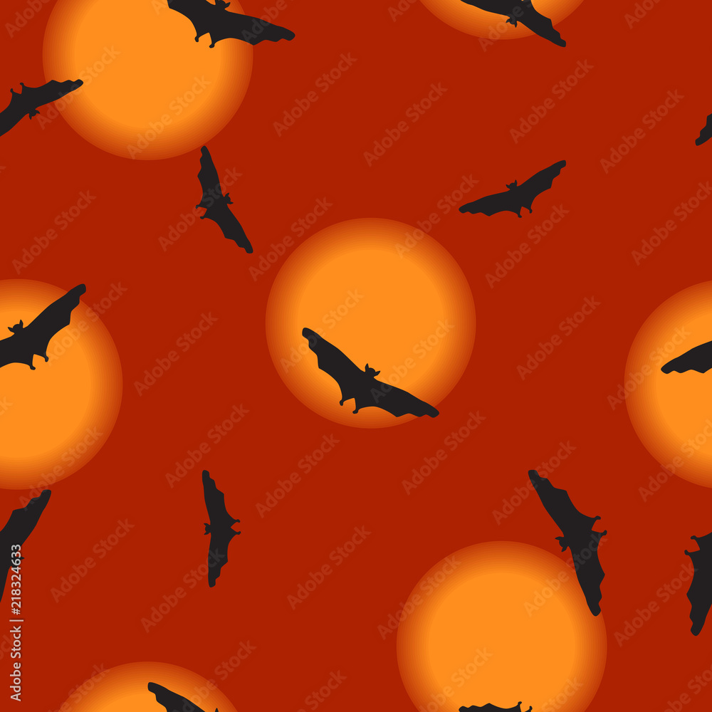 Seamless pattern Bat silhouette and fullmoon on orange, vector eps 10