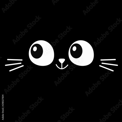 Cat face silhouette. Eyes moustaches in the dark. Pet adoption. Kawaii animal. Cute cartoon kitty character. Funny baby kitten. Help homeless animal Flat design. Black background