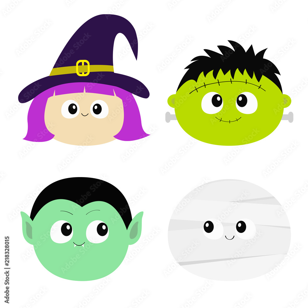 Vampire count Dracula, Mummy, whitch hat, zombie round face head icon set.  Happy Halloween. Cute cartoon funny spooky baby character. Greeting card.  Flat design White background. Stock Vector | Adobe Stock