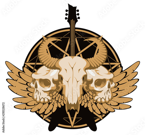 Vector illustration with skulls of a horned animal and human, electric guitar and wings on the background of the Satan star. Creative illustration for t-shirt design in modern style