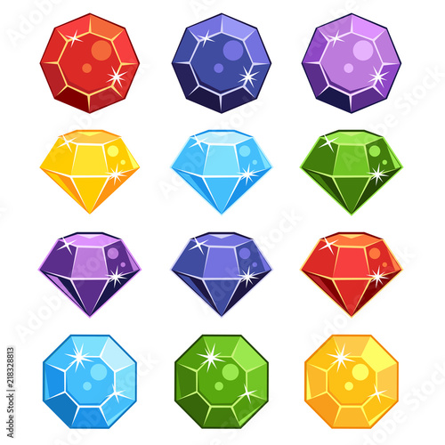 Set of cartoon gem stones in different colors and shapes for a game