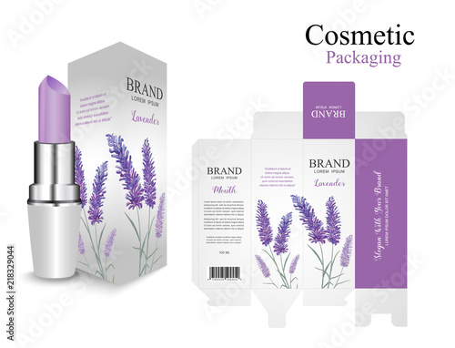 Set packaging box lipstick design.Lavender purple cosmetic. Hydrating facial lipstick and box for annual sale, festival sale or your brand.Flower purple watercolor paint luxury and beauty.