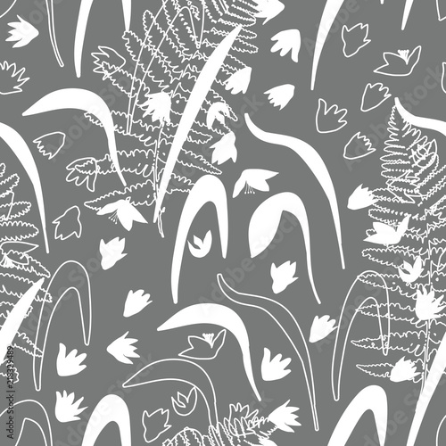 Vector floral seamless pattern with hand drawn scilla or snowdrop flowers and fern leaves. Modern decorative background in pastel colors.