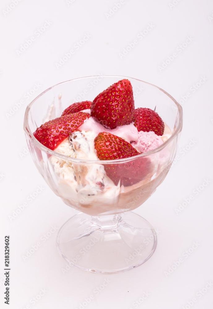 ice cream and fresh ripe strawberries isolated on white background ice cream and fresh ripe strawberries isolated on white background
