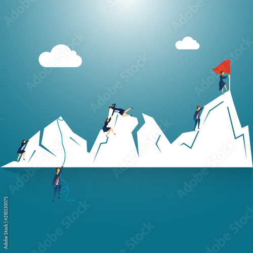 Success or target achievement concept, business people overcome with the hurdles to achieve the goal on shiny blue background.