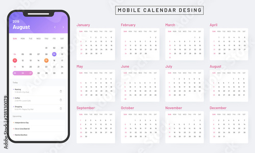 Monthly calendar app in smartphone, mobile calendar design on white background.