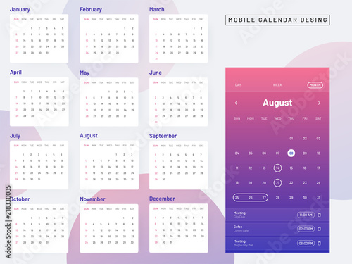Mobile calendar design concept, monthly calendar on abstract background.