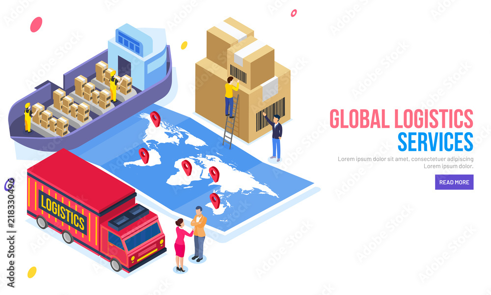 Cargo freight through ship, isometric delivery truck with map and delivery boxes illustration for Global Logistics Services web template design.