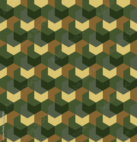Seamless camouflage in simple Green and Brown khaki repeating pattern. Polygonal mosaic series for your design. Vector