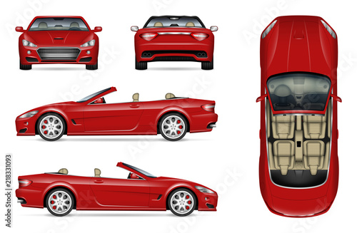 Red convertible car vector mockup on white for vehicle branding, corporate identity. View from side, front, back, and top. All elements in the groups on separate layers for easy editing and recolor