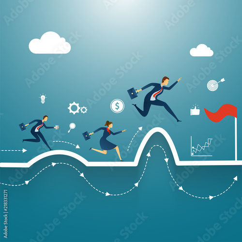 Business people running towards their goal, overcome or compete with obstacles on shiny blue background with infographic elements.