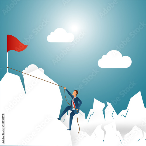 Businessman climbing on mountain for achieving the goal, man overcome obstacle and going towards his goal on shiny cloudy background.