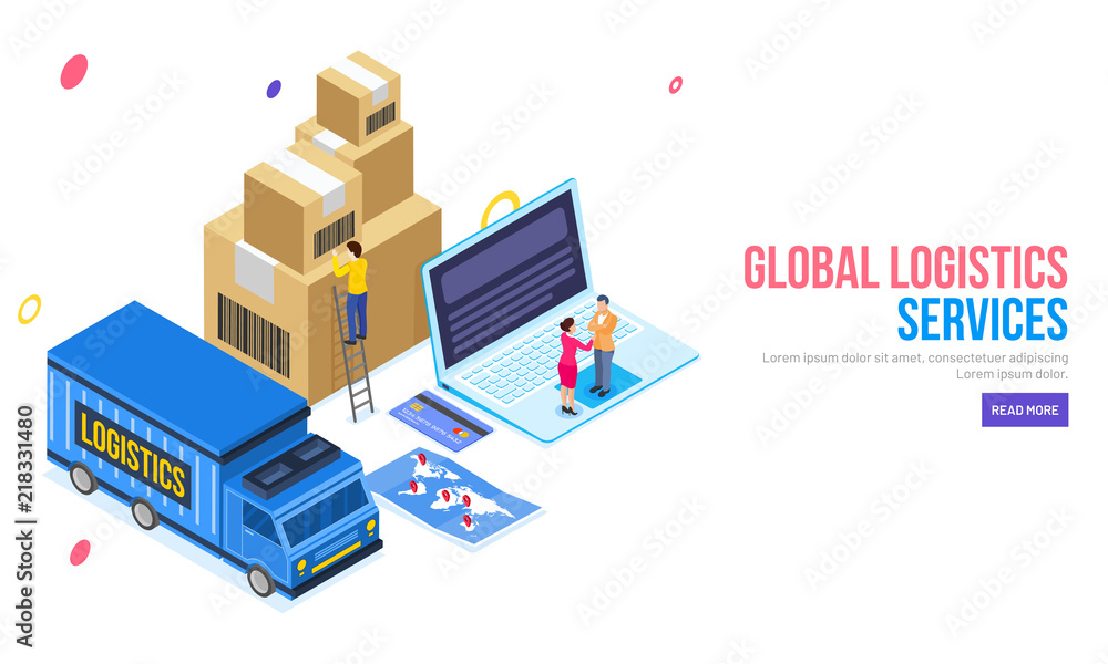 Global logistics services landing page design with illustration of online delivery truck with packaging and courier boys on white background.